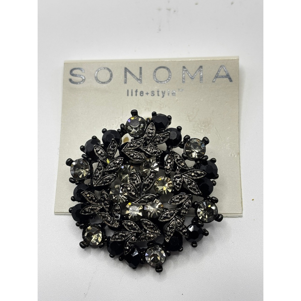 Sonoma Life Style Black Smoky Rhinestone Floral Brooch Gunmetal Tone Pin New